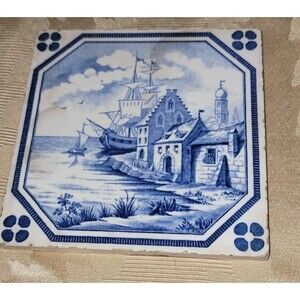 Villeroy Boch Mettlach German Art Pottery Wall Plaque Blue Delft Style Ship Port